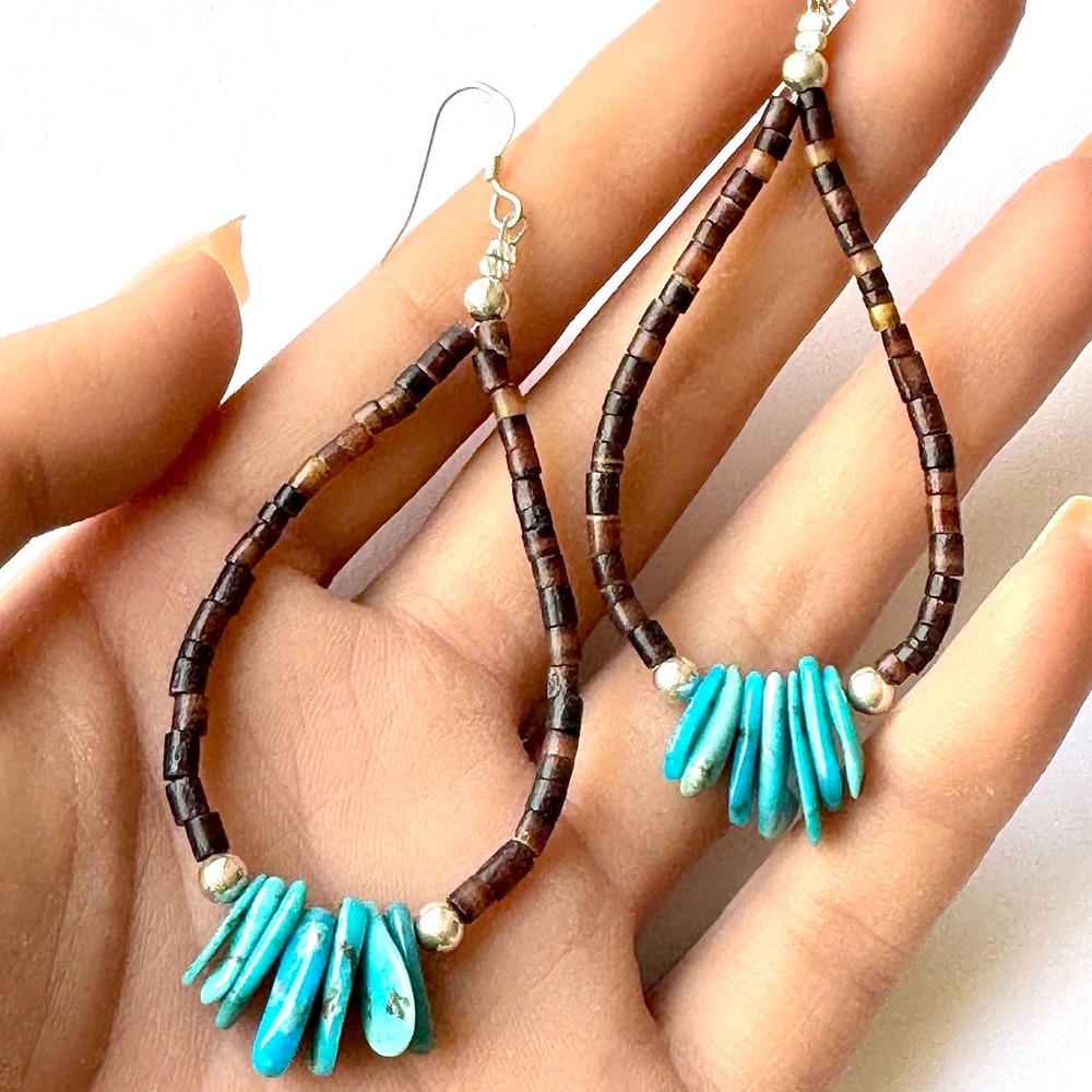 Jacla Navajo Earrings Turquoise Heishi‎ 3in 925 Dangle Loops Long Hook Tab